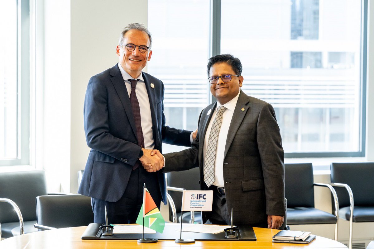 Ashni_K_Singh's tweet photo. Delighted to sign on behalf of #Guyana, the @WorldBankGroup Establishment Agreement with the @IFC_org Vice President for LAC, Mr. @agarmora, during the 2026 Spring Meetings of the @IMFNews and WBG, in Washington DC, USA. https://t.co/OqC9071P2Z