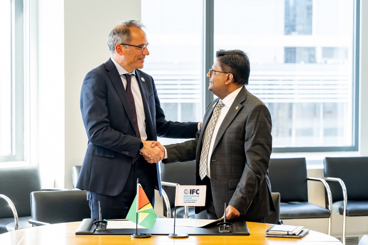 Ashni_K_Singh's tweet photo. Delighted to sign on behalf of #Guyana, the @WorldBankGroup Establishment Agreement with the @IFC_org Vice President for LAC, Mr. @agarmora, during the 2026 Spring Meetings of the @IMFNews and WBG, in Washington DC, USA. https://t.co/OqC9071P2Z