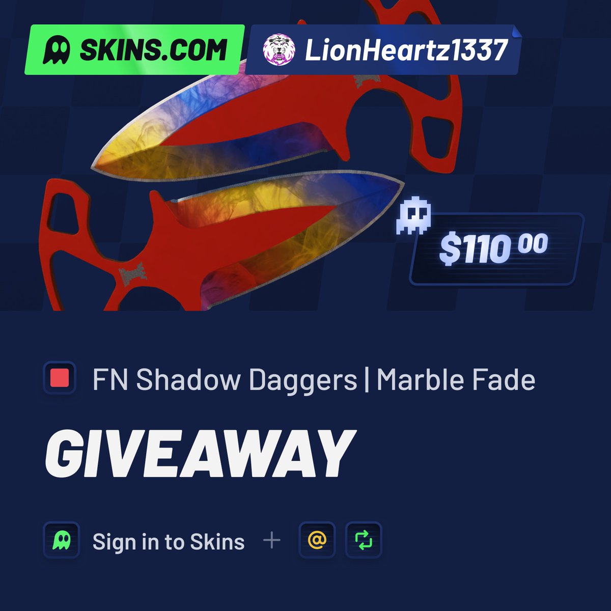LionHeartz1337's tweet image. GUYS! To celebrate @skinscom launching their new P2P trading system we linked up to go my first ever GIVEAWAY!

We'll be raffling off this pair of Shadow Daggers! to enter all you have to do is:

✅ Follow @skinscom + yourself
✅ Like &amp;amp; Repost this tweet
✅ Reply with a picture