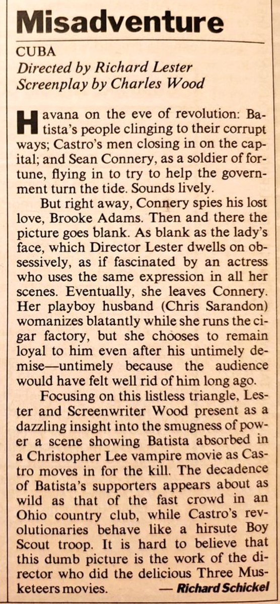 ClassicHBOGuide's tweet image. The Movie Channel April 1981 - Sean Connery in the overlooked drama: CUBA - guide ad, original one sheet, original @nytimes and @TIME review #1970s #Cuba #RevoluciónCubana #cinema