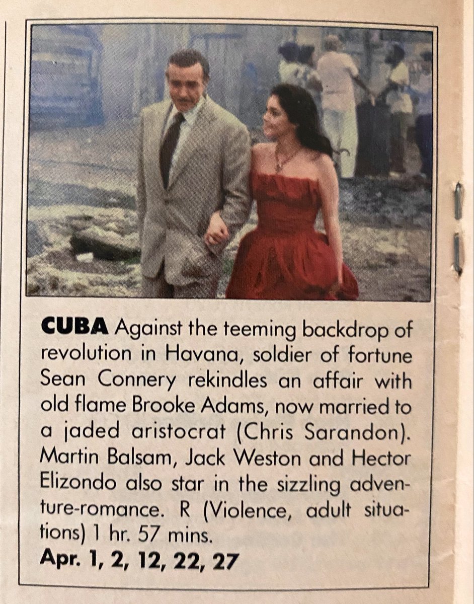 ClassicHBOGuide's tweet image. The Movie Channel April 1981 - Sean Connery in the overlooked drama: CUBA - guide ad, original one sheet, original @nytimes and @TIME review #1970s #Cuba #RevoluciónCubana #cinema