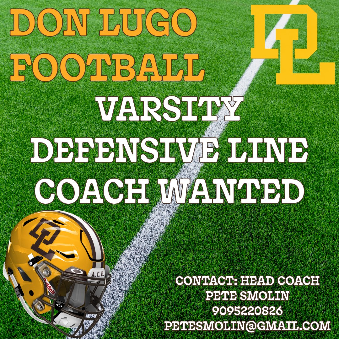 petesmolin's tweet image. Don Lugo High School in Chino California is looking for a Defensive Line Coach to join our exciting new program. Stipend position, teaching positions available. Five coaches on our staff have varsity head football coaching experience.
Contact Coach Smolin. #ACE #GoldStandard