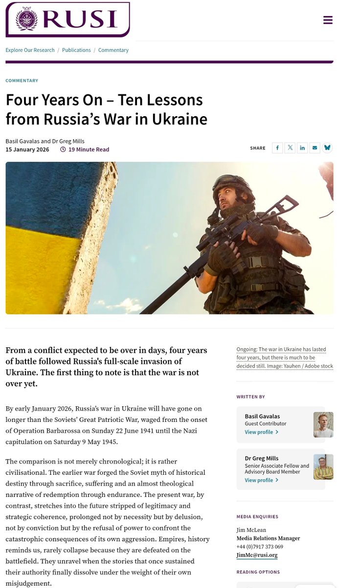 DenShtilierman's tweet image. Як я раніше казав, західні експерти активно просувають наратив, що Росію зараз чіпати не можна. Невідомо з якої причини вони це роблять — чи то через підкуп, чи будучи агентами, чи корисними ідіотами. Цього разу я побачив звіт RUSI «Four Years On — Ten Lessons from Russia's War