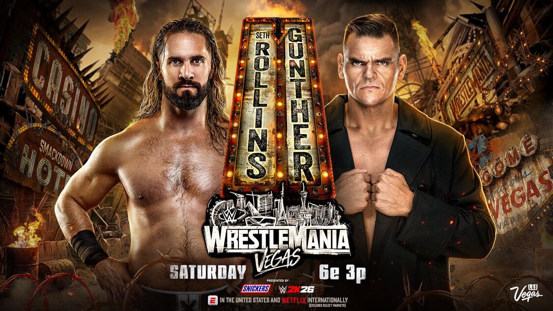 LetMeSeeWag1's tweet photo. Seth Rollins Vs Gunther (Singles Match) At @WWE Wrestlemania42 In Las Vegas Live On @Netflix 
Gunther Defeats Seth Rollins After An Interference From Bron Breakker 
#wwe #wrestlemania #wrestlemania42 #netflix #letmeseewag1 https://t.co/UBkUkVgylg