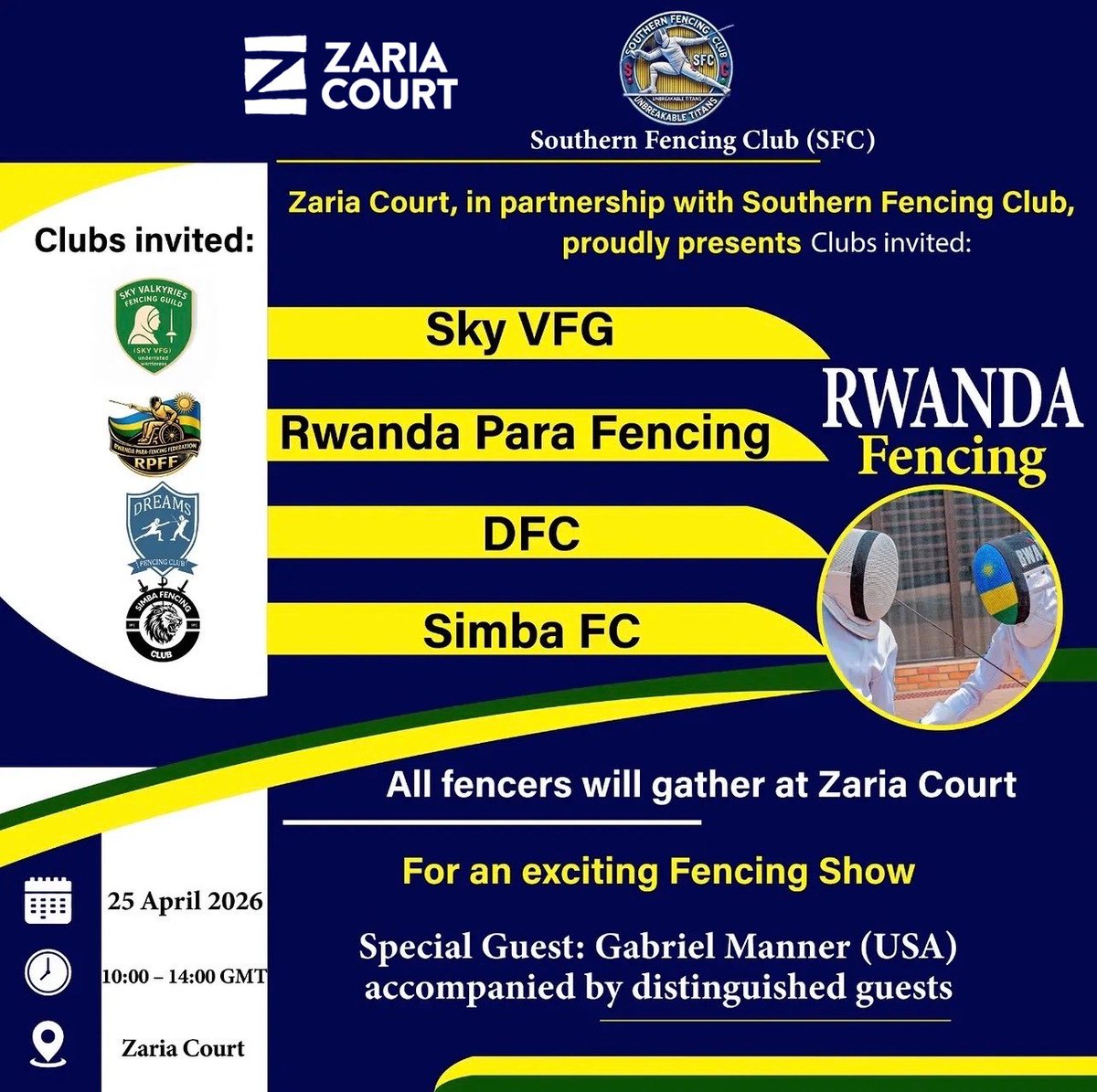 zariacourt's tweet image. Zaria Court, in partnership with Southern Fencing Club, hosts a dynamic fencing showcase bringing together top clubs and international talent, featuring special guest Gabriel Manner (USA).

25 April | Zaria Court
Be there for the experience.
#fencing #zariacourt
