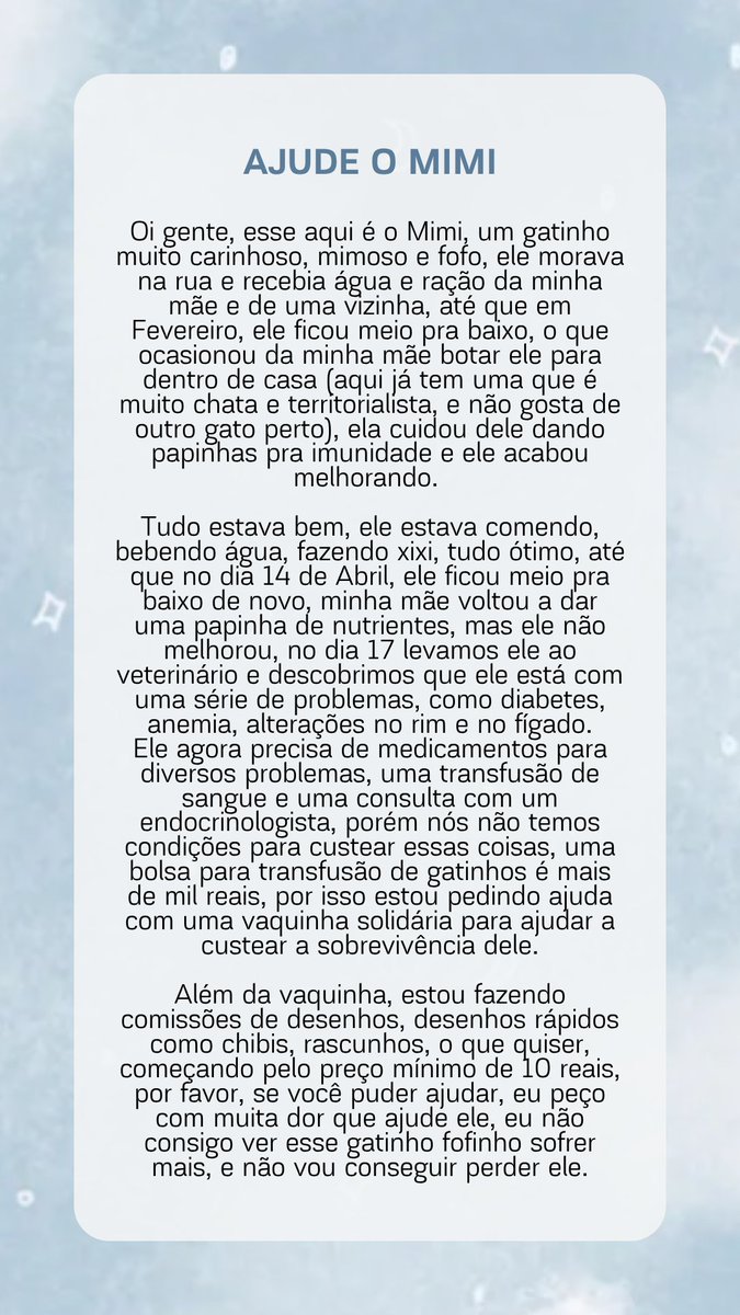 jesenheiro's tweet photo. O MIMI PRECISA DE AJUDA

Oi gente, esse aqui é o Mimi.

No dia 14 de Abril, ele ficou meio pra baixo, e foi piorando, até que no dia 17 levamos ele ao veterinário e descobrimos que ele está com uma série de problemas, como diabetes, anemia, alterações no rim e no fígado. https://t.co/vzN0OPzDhY