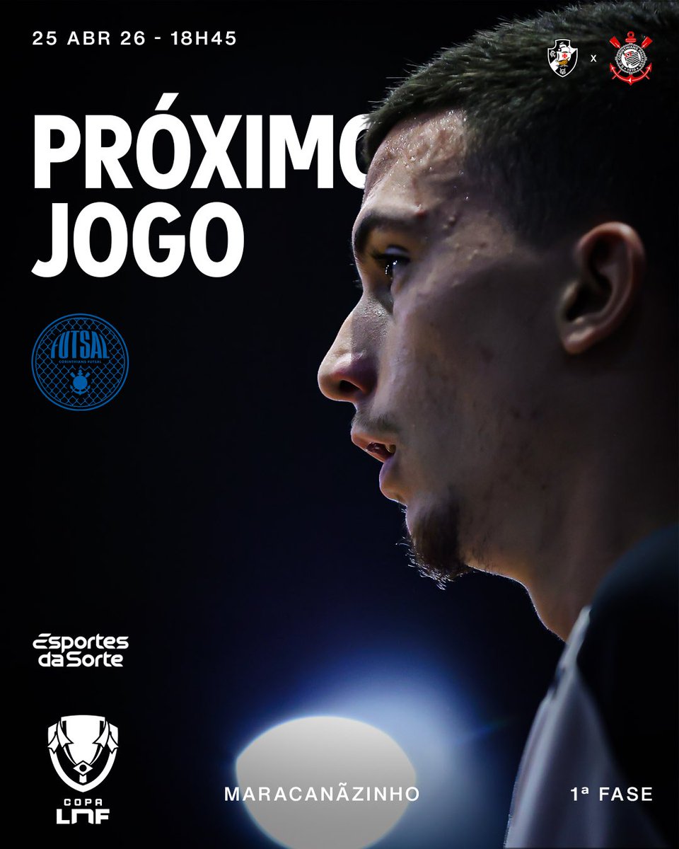 O próximo jogo do #CorinthiansFutsal será válido pela Copa LNF. 

🗓️ 25/04 (sábado)
🆚 Vasco
🏆 Copa LNF (1ª fase)
⏰ 18h45
🏟️ Maracanãzinho

#VaiCorinthians