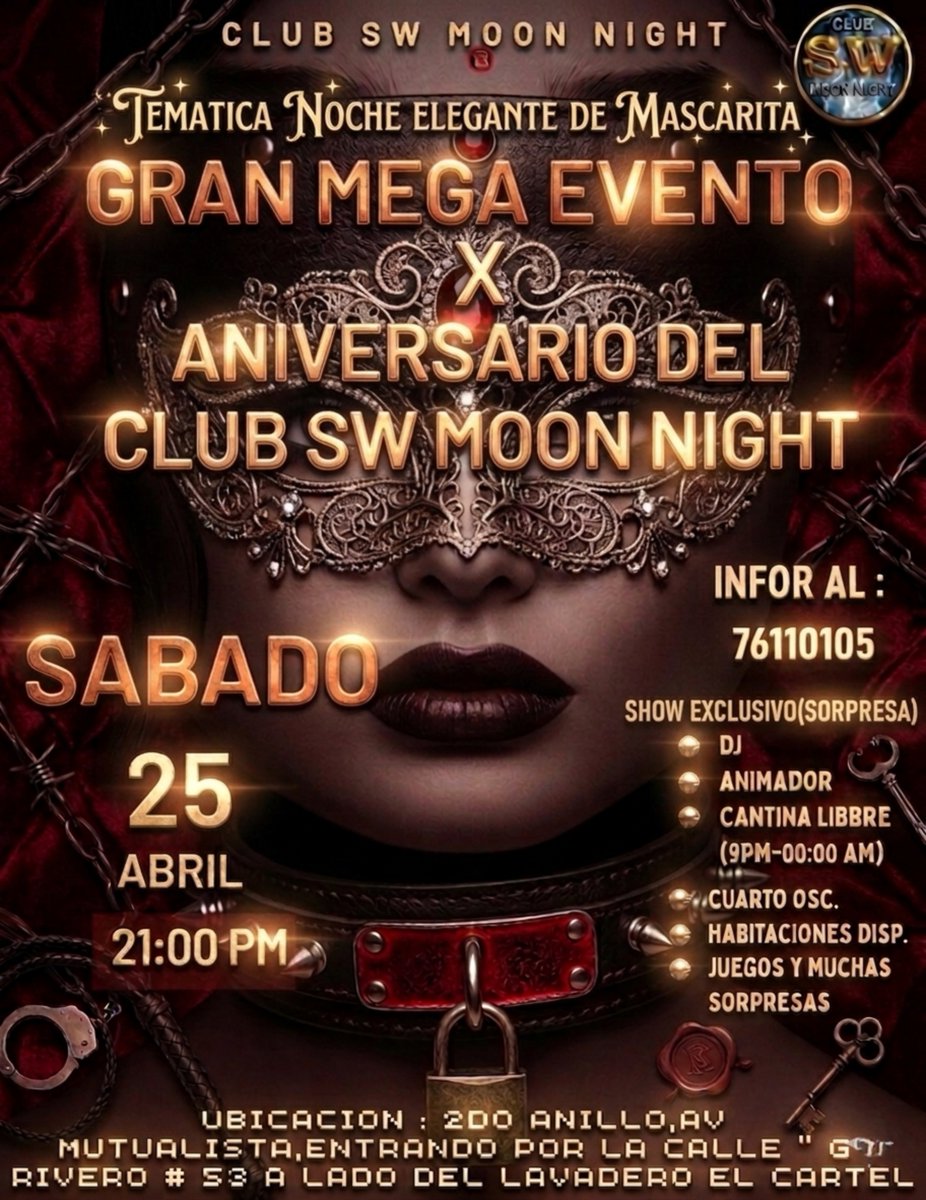 JulioSwinger's tweet photo. GRAN MEGA EVENTO SWINGER POR EL ANIVERSARIO DEL CLUB SW MOON NIGHT, VEN NO TE LO PIERDAS ESTE SABADO 25 DE ABRIL  A APARTIR DE LAS 21:00 PM ,MAYOR INFORMACION AL 76110105, NO TE LO PIERDAS TENDREMOS SHOW DE INFARTOS Y SORPRESAS , https://t.co/BJp133orT6