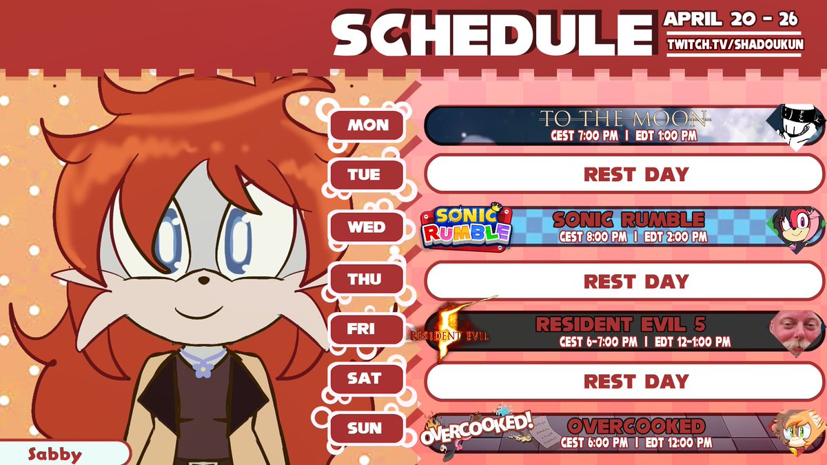 ShadoukunVT's tweet image. 📅 Stream Schedule: Apr 20–26

Hello everyone! 
This week is packed with collabs &amp;amp; new games! It’s gonna be a fun, chaotic week! I hope you’re excited as I am!

Guests:
@skull902 
@FairyDuniVT 
@Ramborune
@CiaooDee 

#Schedule #Vtuber #SonicFan #SonicTheHedgehog