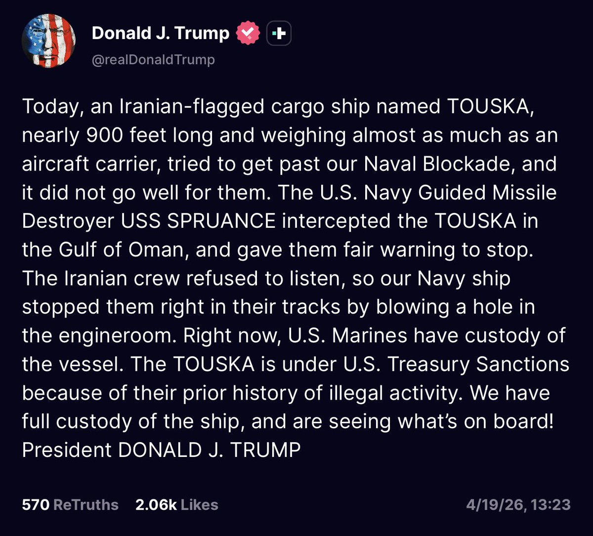 faststocknewss's tweet photo. JUST IN: PRESIDENT TRUMP SAYS THE US NAVY HAS INTERCEPTED AN IRANIAN CARGO SHIP IN THE GULF OF OMAN 🇺🇸

The USS Spruance fired on the TOUSKA, a ~900-foot Iranian-flagged vessel, after it attempted to run the US Naval Blockade.

Trump: “Our Navy ship stopped them right in their tracks by blowing a hole in the engineroom.”

US Marines now have custody of the ship.
