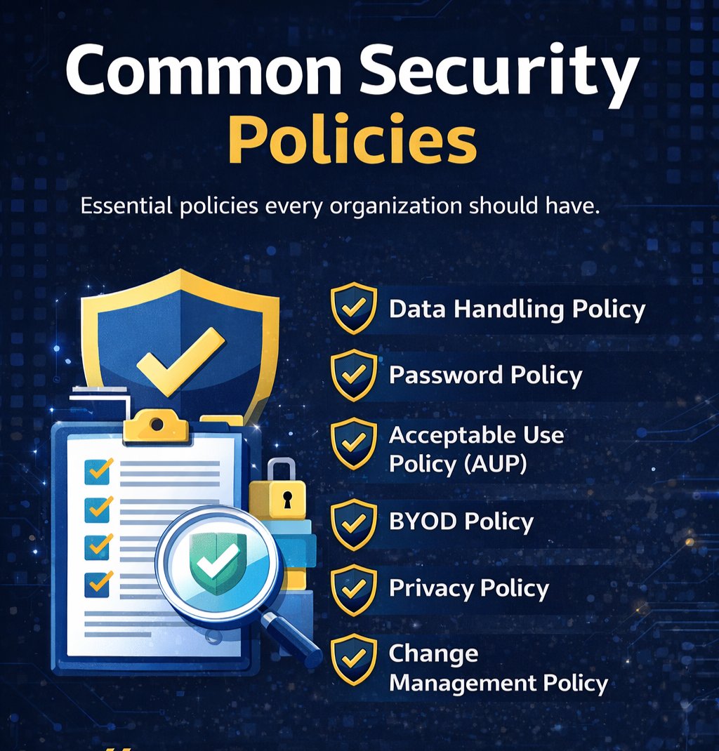 VictoryOkechuk3's tweet image. Day 84/100

Security isn’t just tools, it starts with policies.

Key security policies; 

• Data Handling
• Password
• Acceptable Use (AUP)
• BYOD
• Privacy
• Change Management

They must be clear, enforced, and signed by users

#100DaysOfCyber #phcybergiants #Cybersecurity