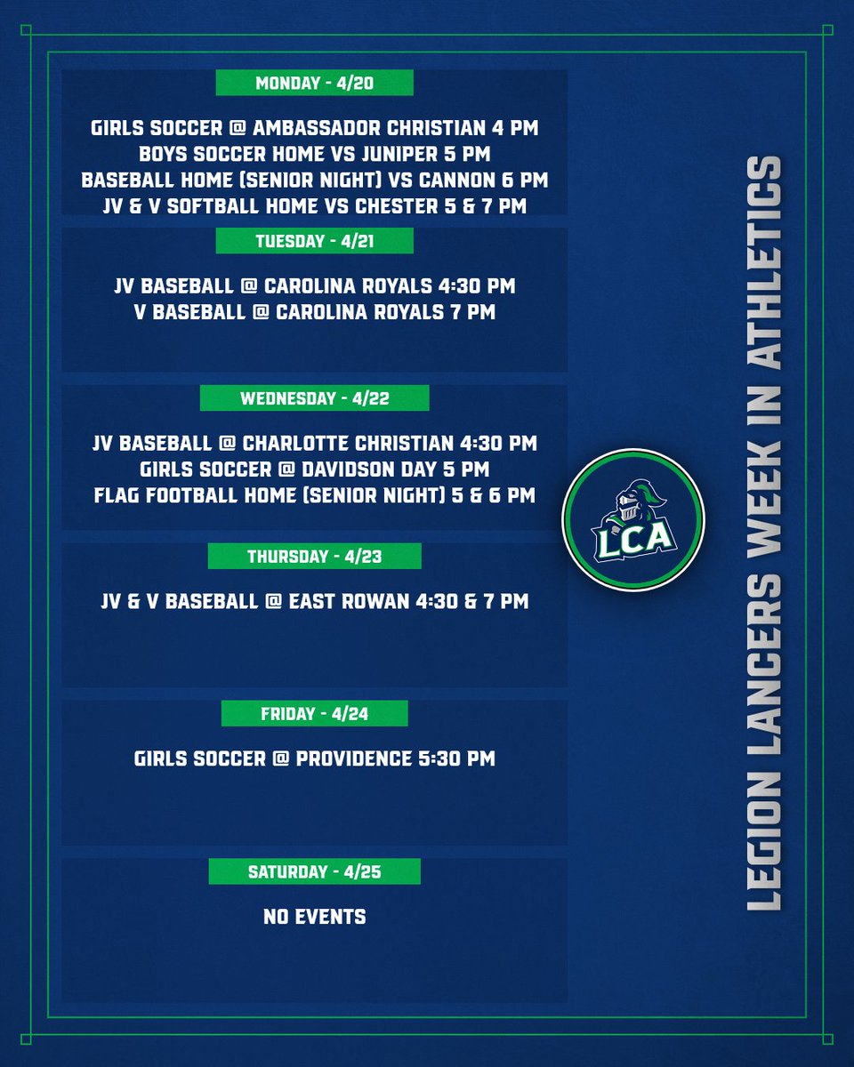 LegionLancer's tweet photo. Legion Lancers Week Ahead in Athletics 4/20 - 4/24 #LancerLegacy https://t.co/wEsx6RzZXC