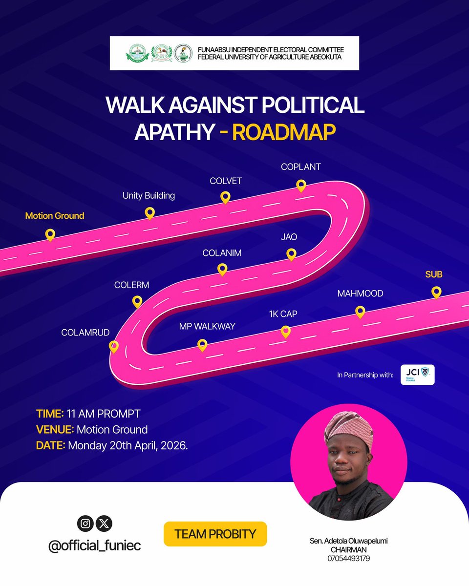jcinfunaab's tweet photo. Walk Against Political Apathy 4.0
The roadmap is here.
Take note of the route as we move together for awareness and participation.
#FUNIEC27
#TeamPROBITY
#PACE
#JCINFUNAAB https://t.co/YymB0Ik7t9
