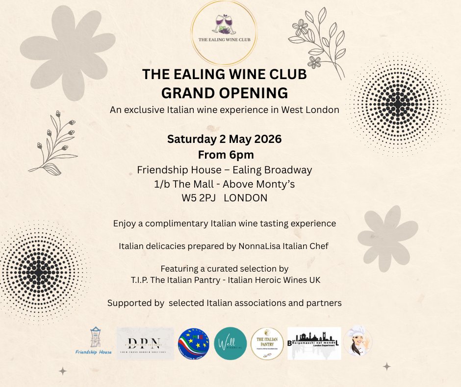 LondraMie's tweet image. 🍷 The Ealing Wine Club – Grand Opening

Join us for an exclusive Italian wine tasting experience in West London 🇮🇹

📅 2 May 2026 | 🕕 6PM
📍 Ealing Broadway
Limited capacity – registration required:
eventbrite.com/e/198778416494…
#Ealing #LondonEvents #ItalianWine #WineTasting