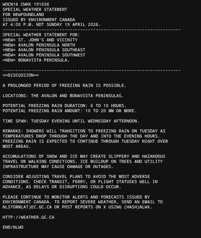 ⚠️=NEW=⚠️Special #NLwx statement issued for the Avalon &amp; Bonavista Peninsulas for the potential for significant freezing rain.

Timeline: Tuesday evening to Wednesday evening.

Potential freezing rain duration: 6-18 hours.

Potential freezing rain amount: 10-20mm+