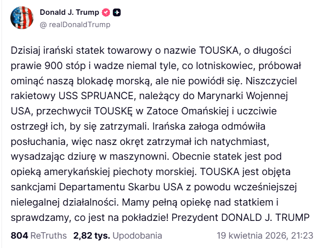 Sprzed chwili : Prezydent Donald Trump informuje, że niszczyciel 🚢ostrzelał irański statek towarowy 🛳️niszcząc maszynownię. Siły USA znajdują się na pokładzie. Za 1h 30 min otwierają się rynki finansowe.

Poniżej ostatnie newsy.
-część 3⃣ 🌜
x.com/GPW_Trader2022…
- część