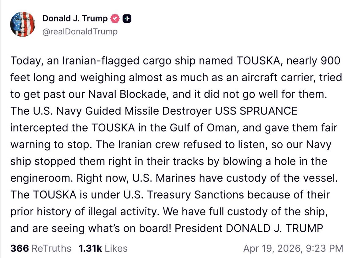 🪖‼️‼️🇺🇸🇮🇷ÚLTIMA HORA🇮🇷🇺🇸‼️‼️🪖

⚡️Donald Trump 🇺🇸 acaba de anunciar que el destructor USS Spruance de la Armada de Estados Unidos 🇺🇸 atacó al barco con bandera iraní TOUSKA 🇮🇷, en el Golfo de Omán 🇴🇲, tras negarse a cumplir con el bloqueo estadounidense 🇺🇸.

El buque ahora está