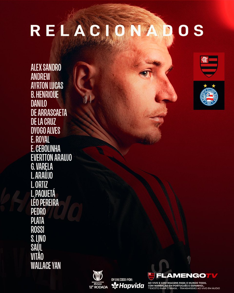 Flamengo's tweet photo. Confira os #Relacionados do Mengão para a partida diante do Bahia, pelo Brasileirão! #FLAxBAH https://t.co/YIeSe7fZiQ