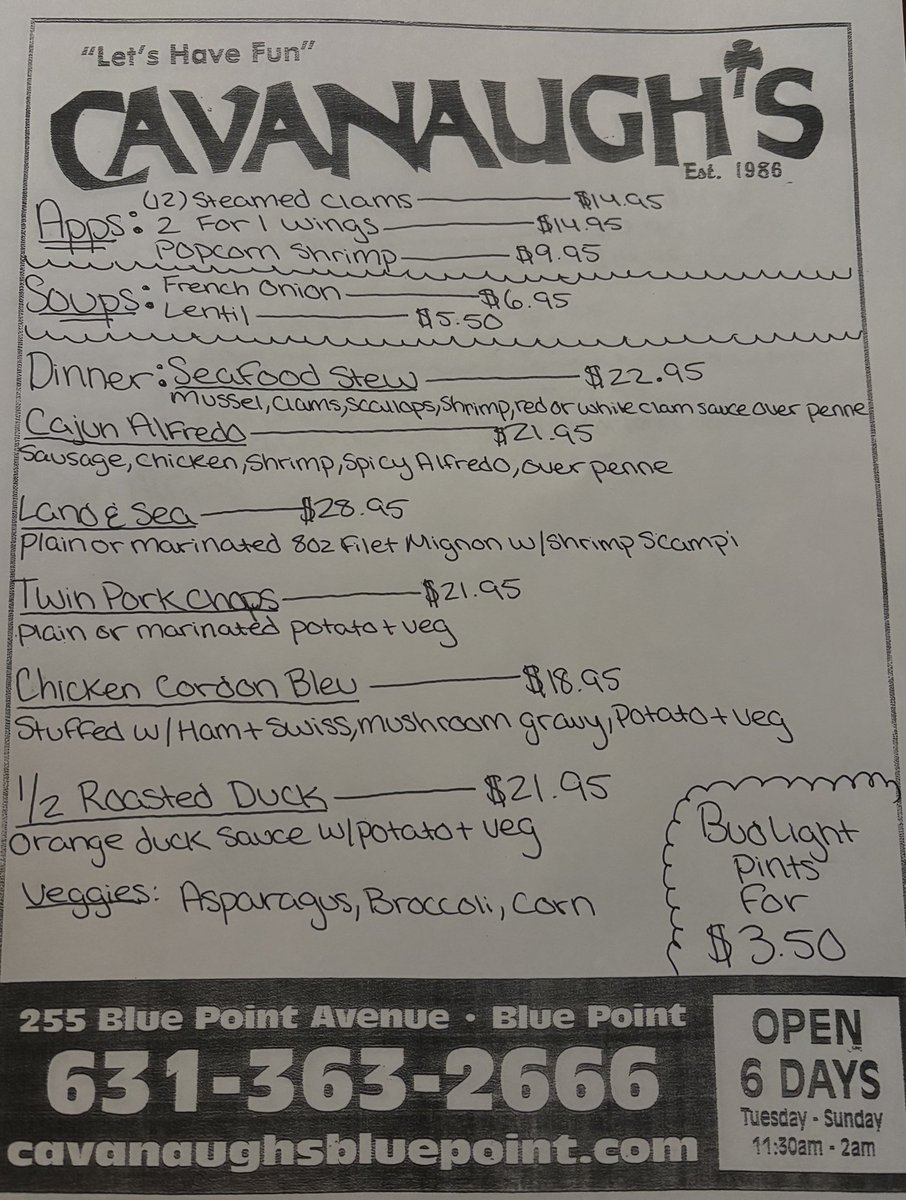 CavanaughsPub's tweet image. Sunday Night Dinner Specials, Kitchen Serving Till 9:30pm. #cavanaughs #BluePoint #Derby #Bayport #Wings #TripleCrown