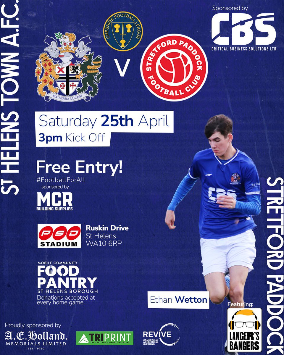 We’re back home this Saturday 🔵⚪️

As we take on Stretford Paddock

🗓️ Saturday 25th April | 3PM
📍 <a href="/The_PSD_Group/">The PSD Group</a> Stadium, Ruskin Drive, St Helens, WA10 6RP
🏆 <a href="/CheshireFL/">Cheshire Football League ⚽️</a> 

🎟️ FREE ENTRY thanks to MCR Building Supplies

#TownTeam #ExTerraLucem 
<a href="/CBS_Ltd_1/">Critical Business Solutions</a> 🔵⚪️

📸 Ethan Wetton