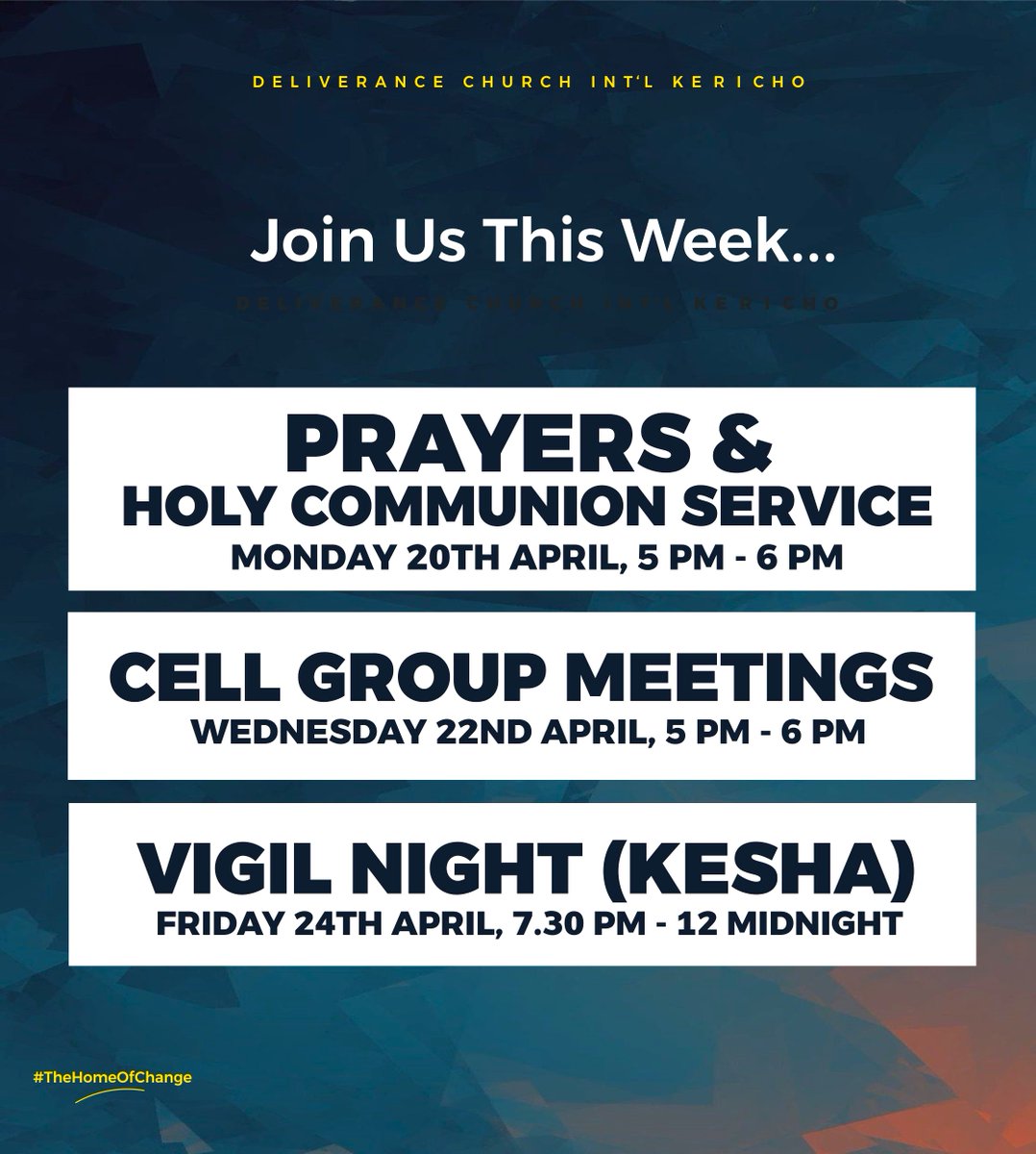 dckericho's tweet photo. Join us this week as we fellowship together....

#DCKericho
#TheHomeOfChange https://t.co/B20u6ninxV