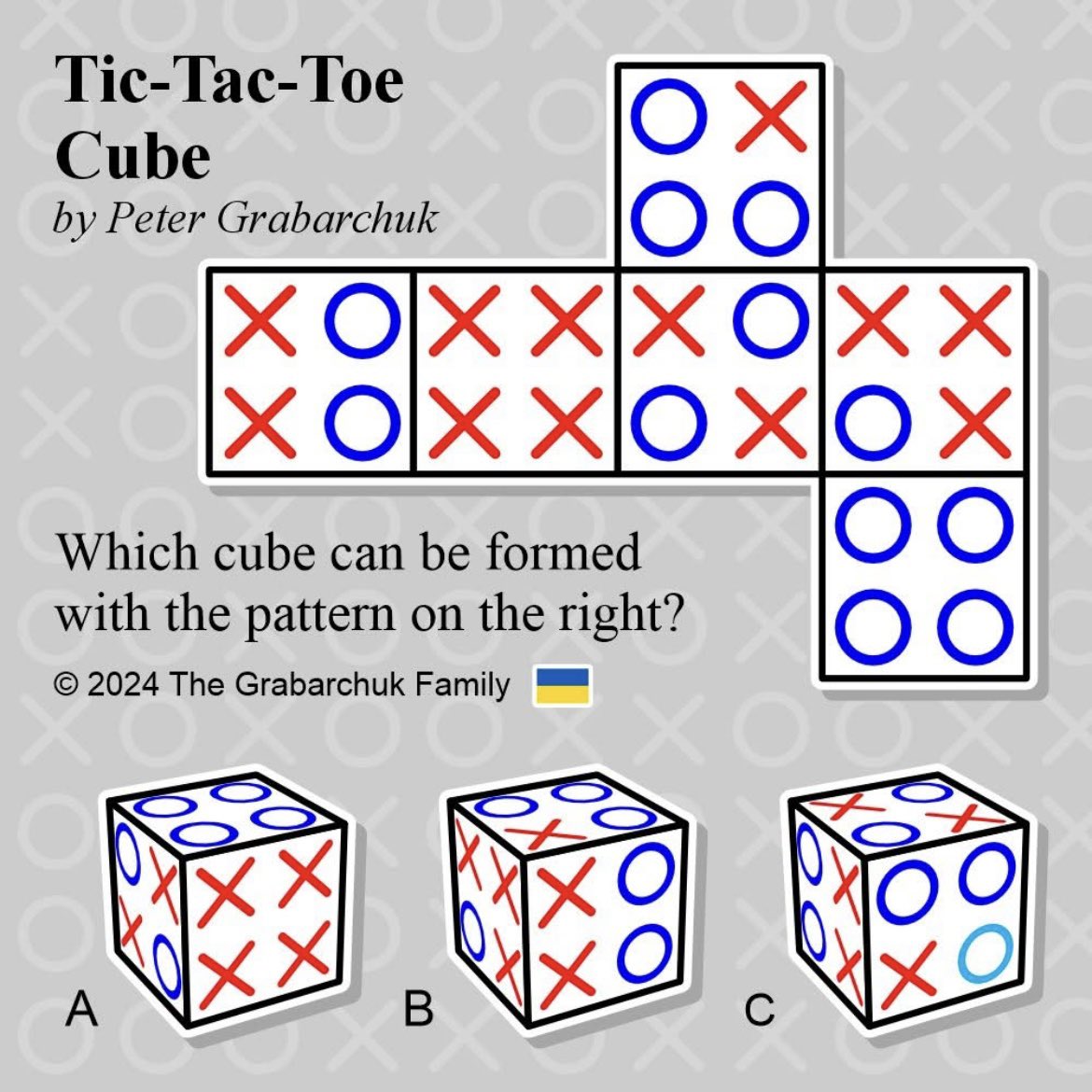 PuzzleMove's tweet image. Tic-Tac-Toe Cube (by Peter Grabarchuk). Which cube can be formed with the pattern on the right?

More puzzles at grabarchukpuzzles.com 

#puzzle #brainteaser #challenge #puzzlesforadults #3dpuzzle