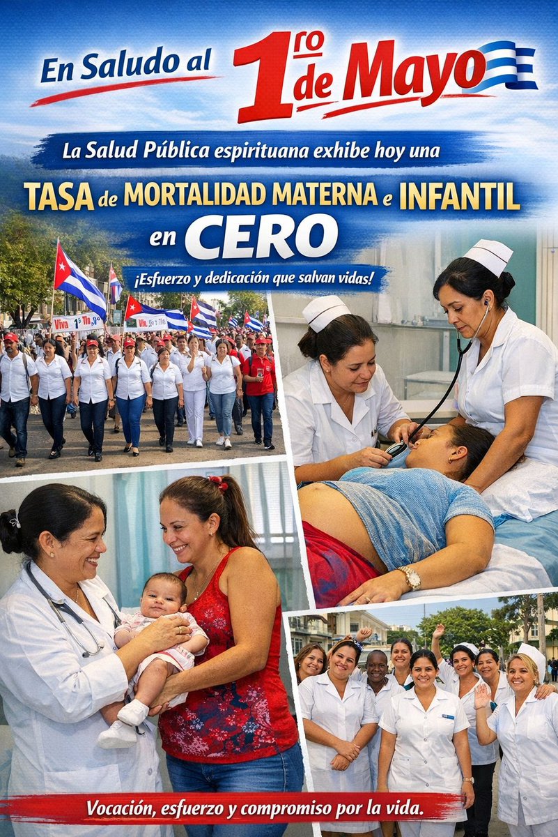 En saludo al #Mayo, la Salud Pública espirituana se enorgullece de exhibir hoy una tasa de mortalidad materna e infantil en cero, resultado del esfuerzo, la dedicación y la vocación de sus trabajadores.
#SanctiSpíritusEnMarcha
#LaPatriaSeDefiende
#Porcubajuntoscreamos