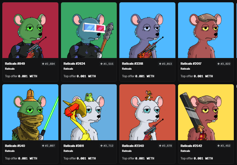 <a href="/RaticalsETH/">Raticals</a> 
I’m siding with the degens here.

Back in 2022, we’d be paying 0.02 – 0.04 ETH for art like this with massive volume. Now, we’re seeing listings for $1.50.
If you don’t like what you’re minting, just walk away don't press the mint button.

Shameful
Make eth nft