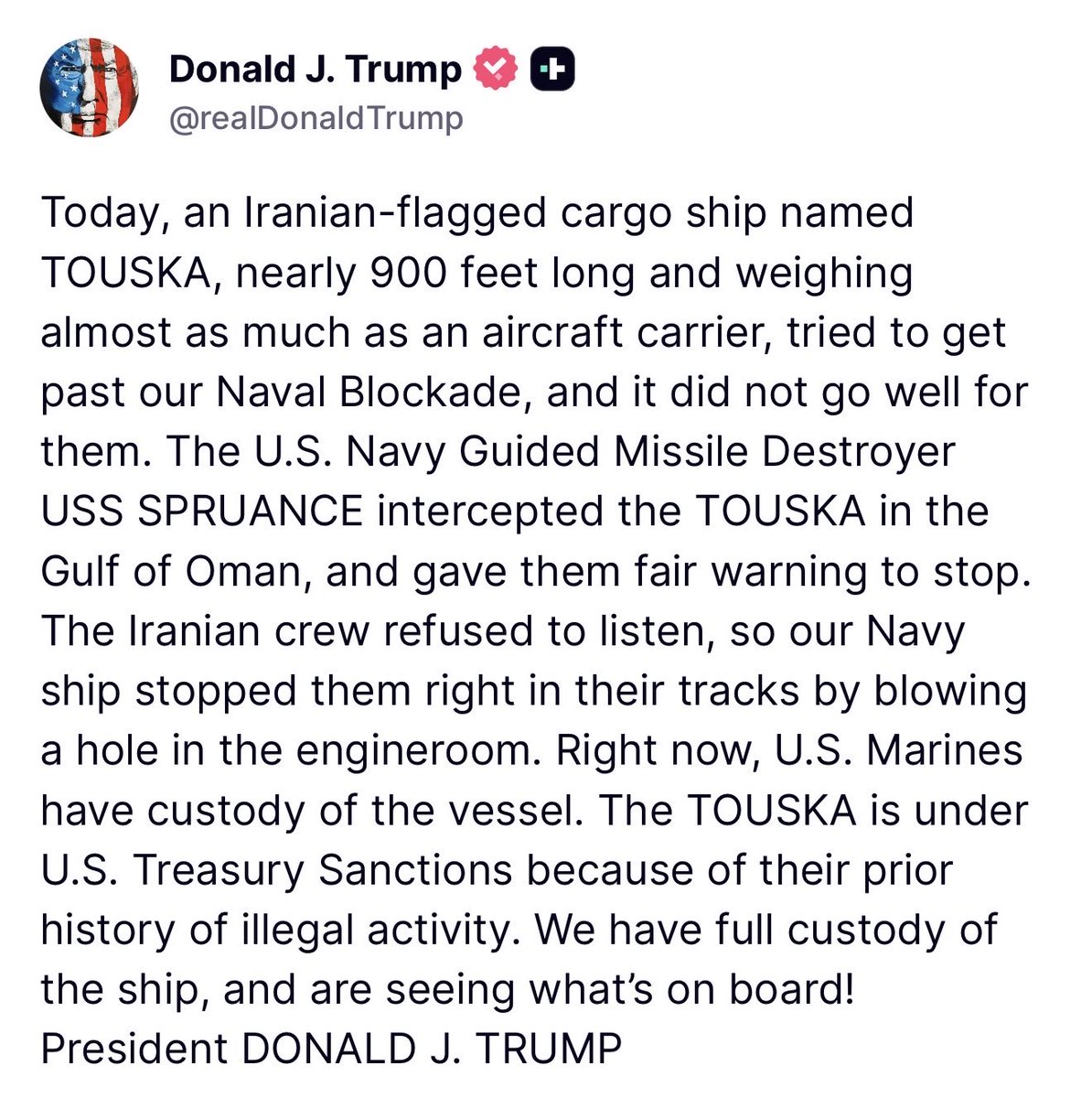 JUST IN 🚨 President Trump announced the take over of a 900 ft long MASSIVE Iranian Cargo ship

NOBODY PASSES THROUGH THE BLOCKADE

MAKE A DEAL