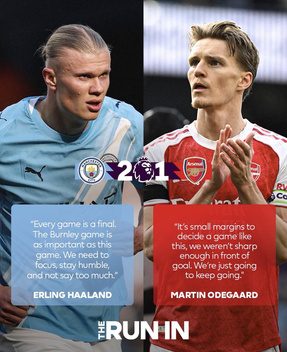 PrimeAngleFooty's tweet photo. City turn the screw. Arsenal still hold the pen. ⚔️
Man City 2-1 Arsenal. Gap: 3 points. City with a game in hand. 

Haaland says stay humble. Ødegaard says keep going.

The title race is ALIVE. 🏆
#PremierLeague #MCIARI #TitleRace #TheRunIn https://t.co/m4tGwW57P1