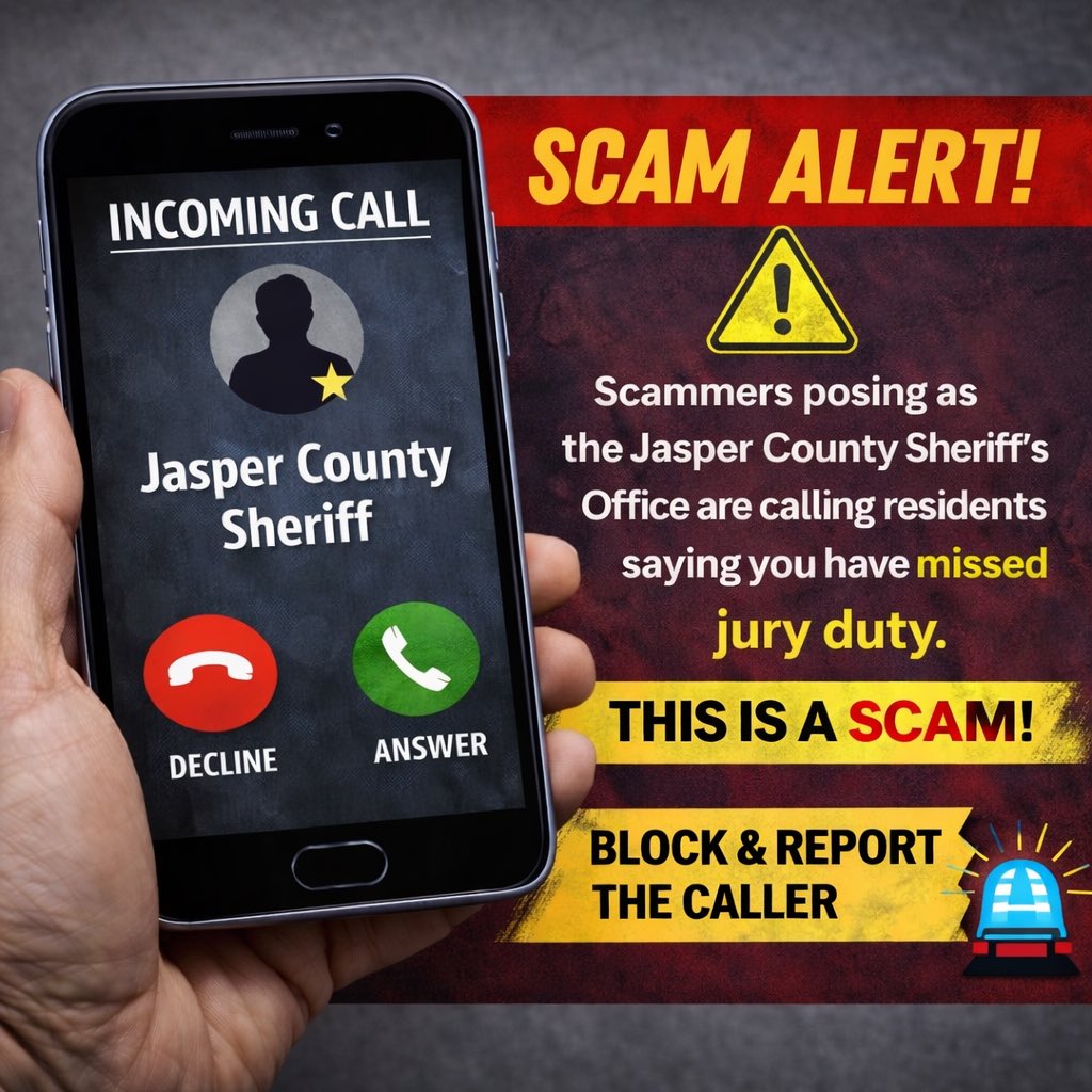 JasperCountySO's tweet image. 🚨 SCAM ALERT🚨 
Scammers are actively calling residents pretending to be with the Jasper County Sheriff’s Office, saying you’ve missed jury duty and owe money. Please know: This is not how law enforcement operates! 
#ScamAlert #jaspercountyso #ScammerAlert #FraudAlert