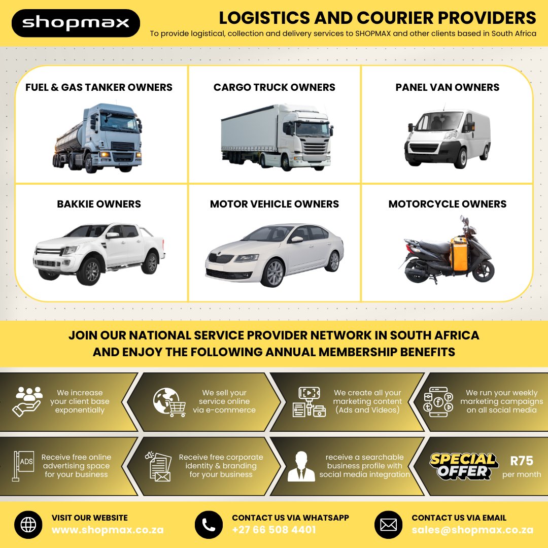 SHOPMAX6's tweet image. 🚚 LOGISTICS PROVIDERS (SA)
Got a vehicle? Get more work.
Join Shopmax SPN:
✔ Delivery jobs
✔ E-commerce demand
✔ More consistent income
🔥 Limited onboarding
👉 shopmax.co.za/sell_your_prof…
#logistics #courier #southafrica #Shopmax