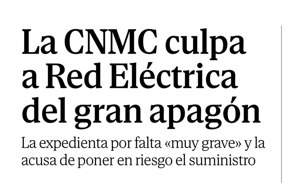 chdz8a's tweet photo. ¿Quién fue el responsable del apagón en España y Portugal de hace casi un año?

Varios.

Los procedimientos iniciados por la @CNMC_ES apuntan a una “muy grave” infracción de @RedElectricaREE (operador público del sistema), así como a faltas “graves” de varias eléctricas privadas. https://t.co/TO7rab7u0S