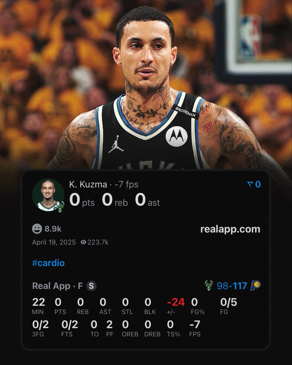 Kyle Kuzma one year ago today:

0 PTS
0 REB
0 AST
0 STL
0 BLK

The most minutes without recording a stat in a playoff game ever.