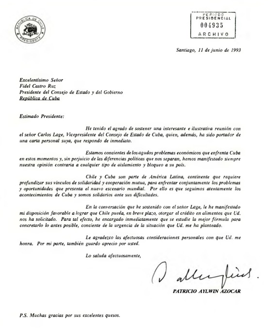 Patricio Aylwin, fallecido hace 10 años, se manifestaba contra el bloqueo a Cuba.