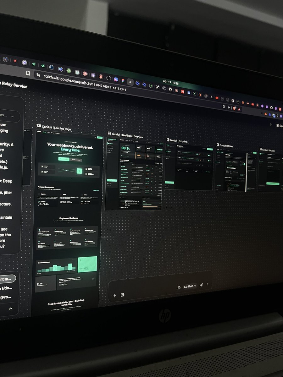 dannyclassi_c's tweet photo. Conduit’s backend is feature-complete. Shifted to designing the frontend today.

Wrote a full PRD covering 9 pages, landing page, auth, dashboard with delivery analytics, endpoint management, delivery logs with status filtering and payload inspection, dead letter replay, API key management, event simulator, and public developer documentation.

The docs page alone has full API reference for every endpoint with method badges, auth requirements, request/response examples, curl commands, signature verification code in Node.js/Python/Go, retry schedule tables, and per-source setup guides for GitHub, Stripe, Paystack, Slack, and Shopify.

Design direction: dark industrial pipeline aesthetic. Not generic SaaS. Think infrastructure monitoring meets developer tooling. Every color token, typography scale, spacing value, and component pattern specified down to badge opacity percentages.

Generated the UI screens and started exporting to Figma. Implementation starts tomorrow.

https://t.co/82DhEwvJnb