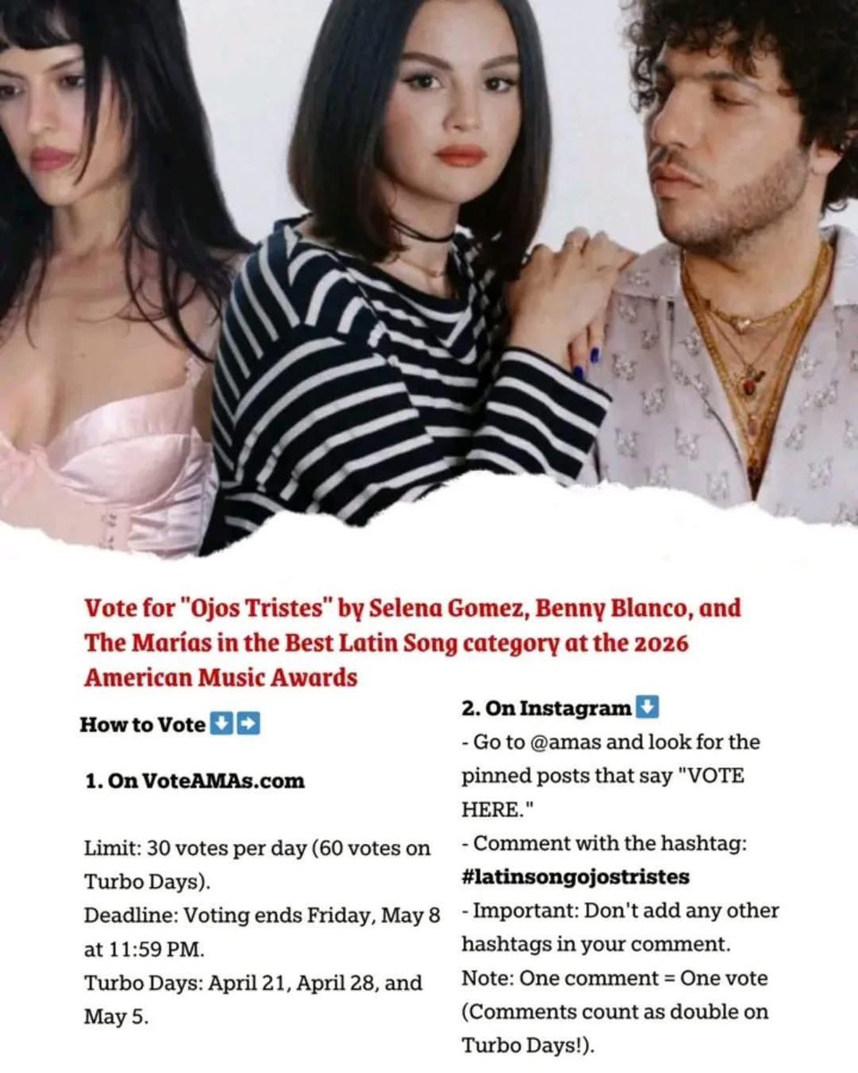 untainsnake's tweet image. 50 votos para “Ojos Tristes” como Mejor Canción Latina en los #VMAs 🚨

No olvides votar usando múltiples correos electrónicos: theamas.com/how-to-vote/