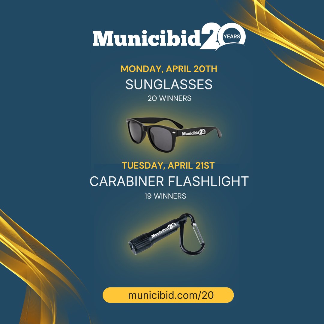 municibid's tweet photo. Join us in celebrating 20 Years of Municibid with our 20 Days of Municibid! Starting tomorrow on Monday, April 20th, we will be choosing lucky winners every business day. You can only win once per day, but you are eligible to win every day, even if you've won on a previous day.

🏆 Learn how to enter to win at https://t.co/uvmfVvbT2A

Be sure to tune in to our live stream tomorrow at 12 pm Eastern to see the prize drawings, meet our team, and hear about a new feature! You can join the live stream on our socials or at https://t.co/uvmfVvbT2A