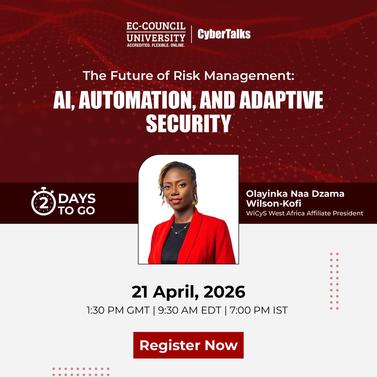 EC_Council_Univ's tweet image. 2 Days Left!

Join “The Future of Risk Management: AI, Automation &amp;amp; Adaptive Security” with Olayinka Naa Dzama Wilson-Kofi on April 21, 2026. Learn how AI transforms modern risk strategies.

Register now: attendee.gotowebinar.com/register/33914…

#ECCU #Webinar #CyberSecurity #AI #RiskManagement