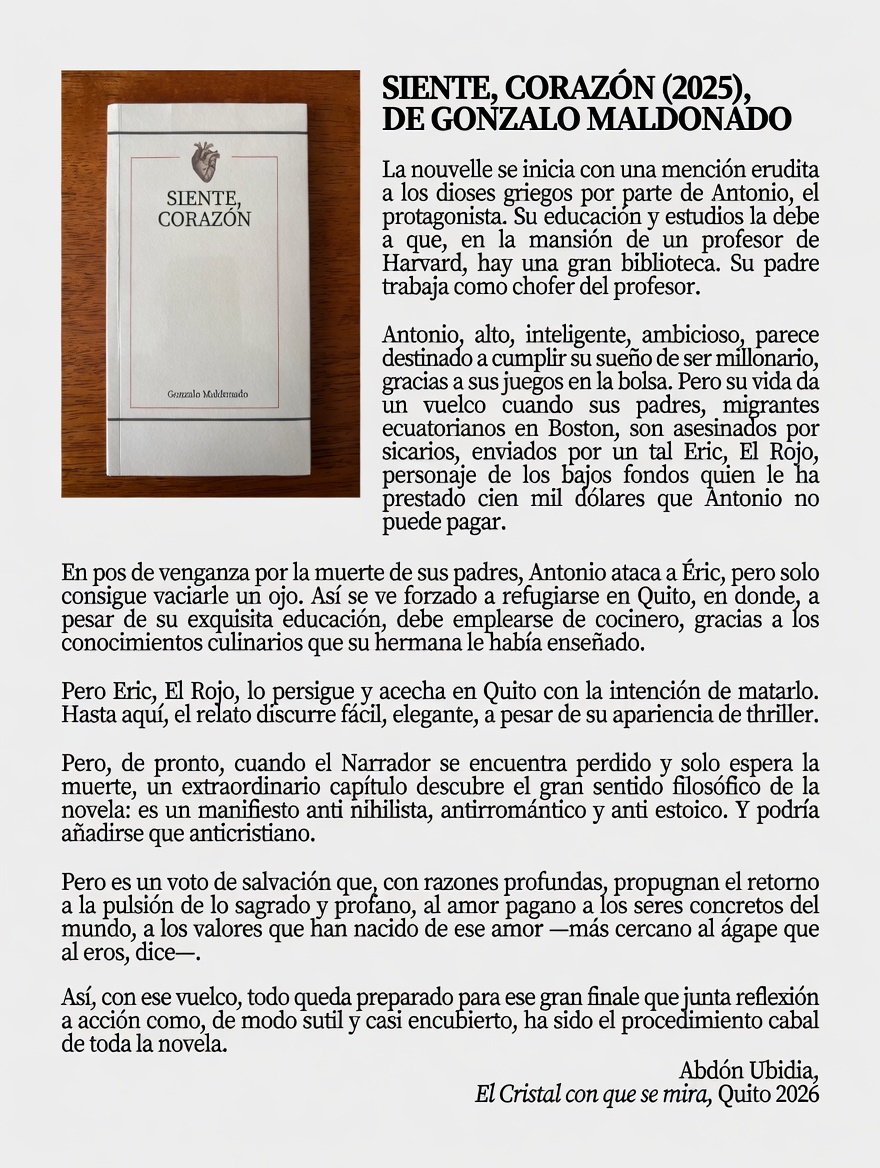 GFMABest's tweet photo. "Pero, de pronto, cuando el Narrador se encuentra perdido y solo espera la muerte, un extraordinario capítulo descubre el gran sentido filosófico de la novela: es un manifiesto anti nihilista, antirromántico y anti estoico."
ABDÓN UBIDIA, sobre "Siente, corazón". https://t.co/7EmJY2S2Un