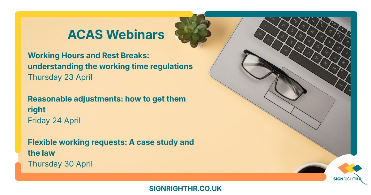 signrighthr's tweet image. Acas has a few webinars coming up at the end of this month.

Visit the ACAS website for more details or to book your place.
acas.org.uk/webinars

#webinar #hr