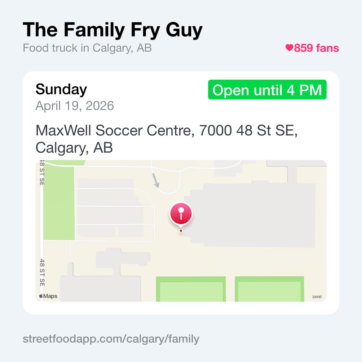 We're open Sunday April 19th from 2 PM - 4 PM at MaxWell Soccer Centre, 7000 48 St SE, Calgary, AB. Come enjoy some fries or poutine!

streetfoodapp.com/calgary/family