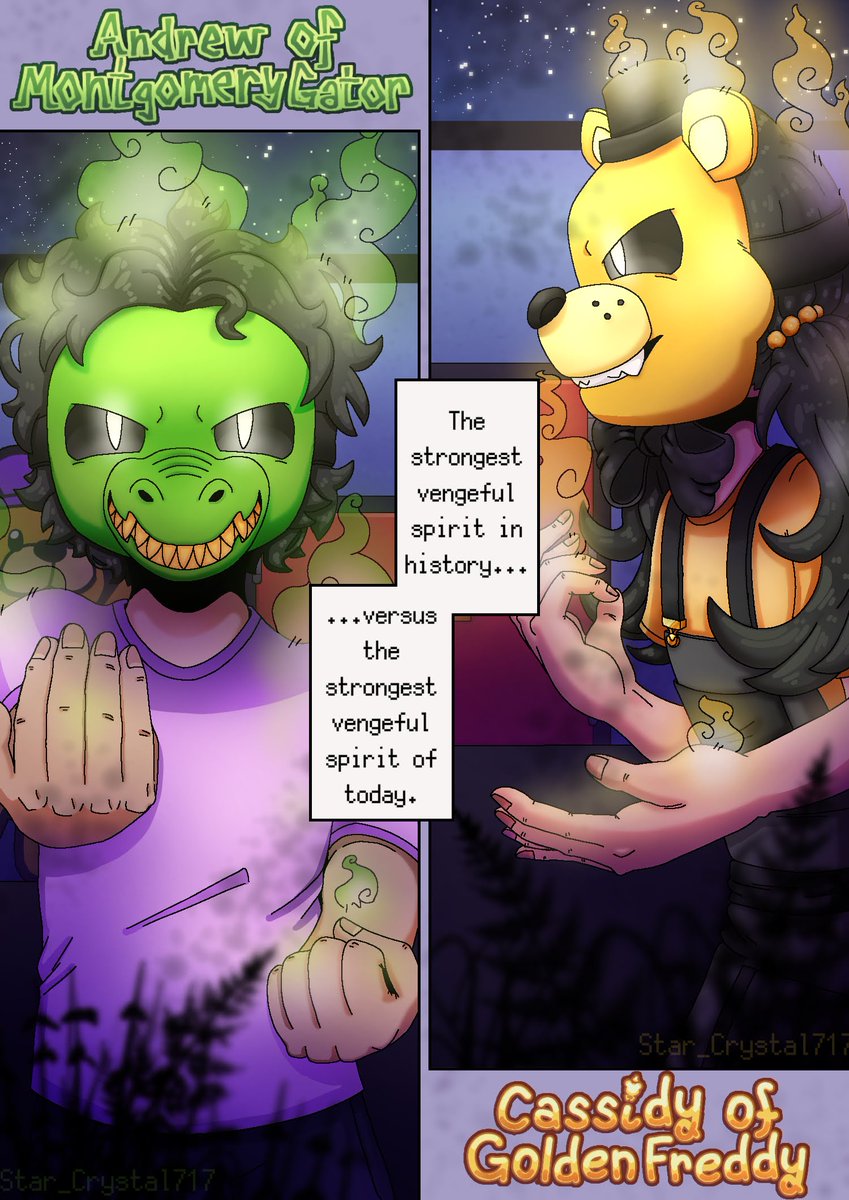 Star_Crystal717's tweet photo. "The strongest vengeful spirit in history vs the strongest vengeful spirit of today"

I watched too many @TDReadsBooks stream vods recently and dreamed this drawing into existence
#fnaf #fnaffanart #goldenfreddy #andrew
#cassidy https://t.co/rB2lOfaiiz