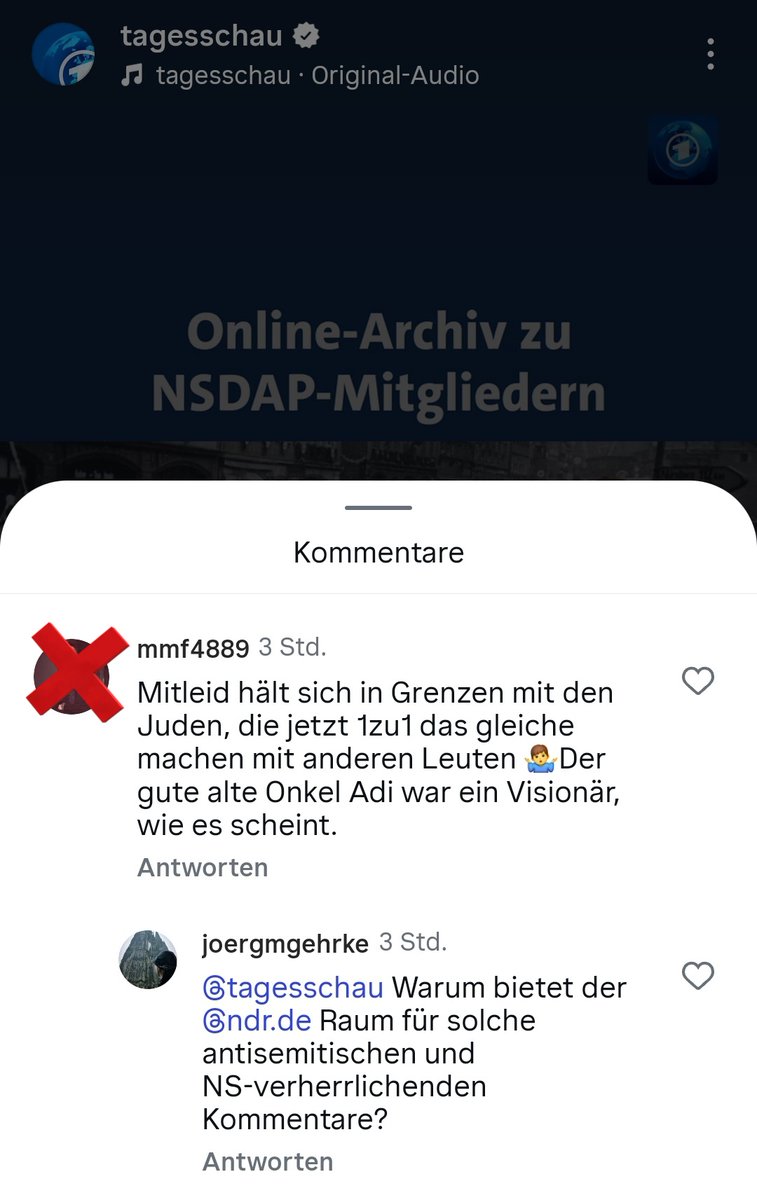 JoergMGehrke's tweet image. Hallo @PolizeiHamburg, unter Beiträgen der @tagesschau bei #Instagram wird Judenhass verbreitet, der Holocaust relativiert und die NS-Zeit / Hitler glorifiziert. Der #NDR schafft es offensichtlich weiterhin nicht, sich um alle diese Kommentare zu kümmern.
instagram.com/reel/DXTmYzRgq…