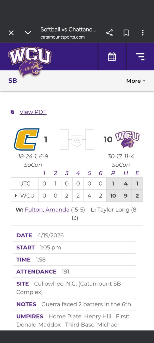 Catatron1889's tweet photo. WHEE WIN!! The Lady Cats get their 30th win of the season with another run rule victory over Chattanooga. The Lady Cats remain tied with Samford for second place in the SOCON, only trailing UNCG for that top spot. Go Cats!! https://t.co/zoZVjRXtSL