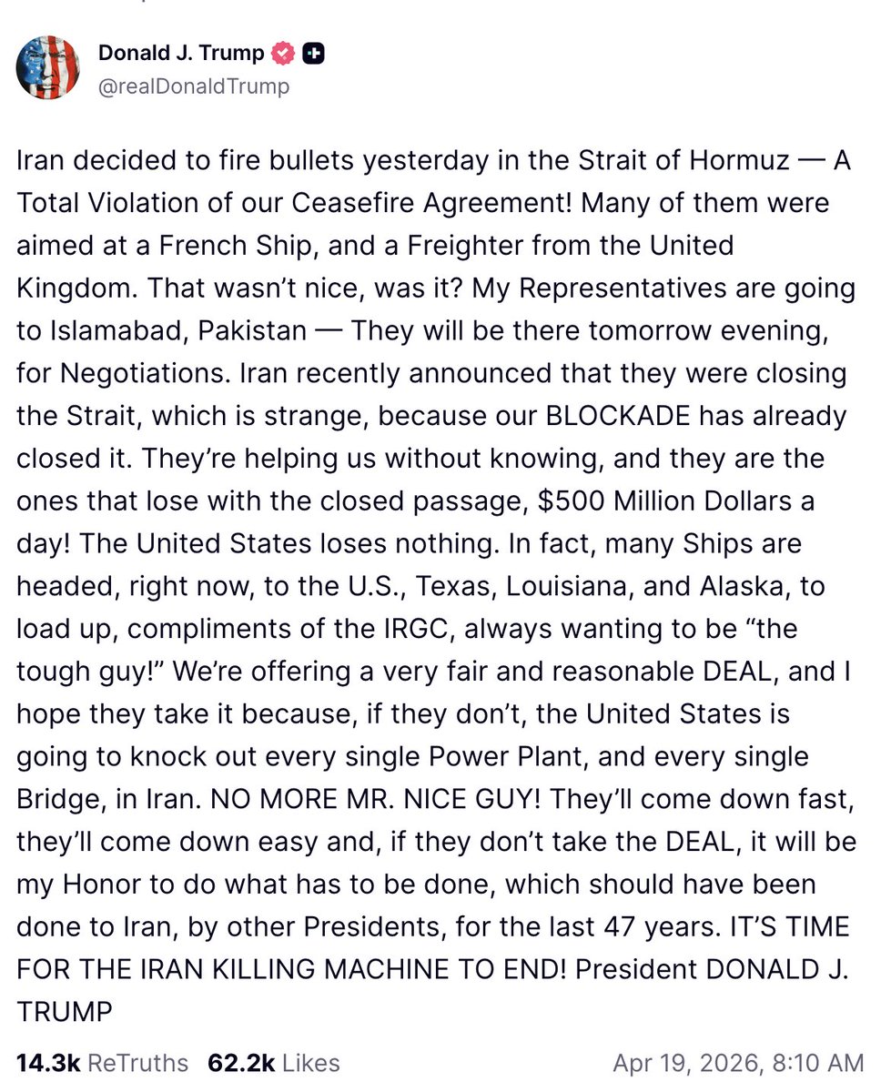 This statement is unambiguous. Who are you going to bet on here? Trump or Ghalibaf, the IRGC officer who is the Speaker of the Iranian Parliament? I bet on the President of the United States.