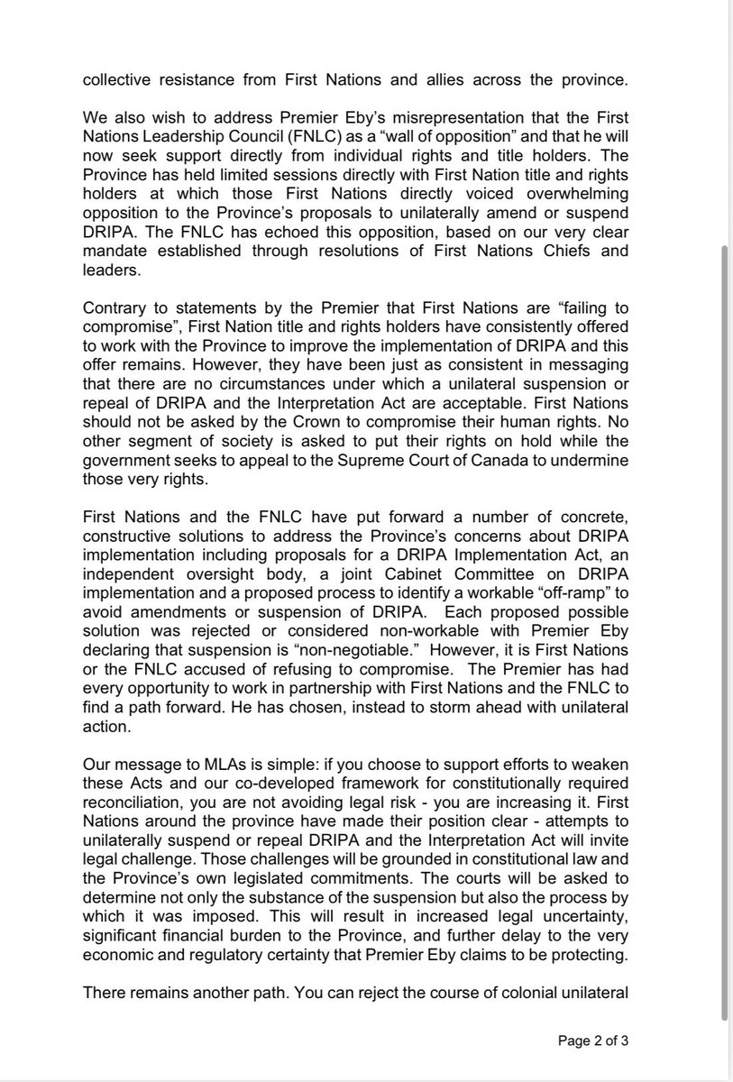 JasJohalBC's tweet photo. 2/3 This comes hours after the First Nations Leadership Council sent an open letter to every NDP MLA today urging them to vote against the bill — calling the suspension plan a betrayal of a unanimous 2019 commitment and a dangerous precedent for Indigenous rights. #bcpoli https://t.co/OYVcHKpP3y