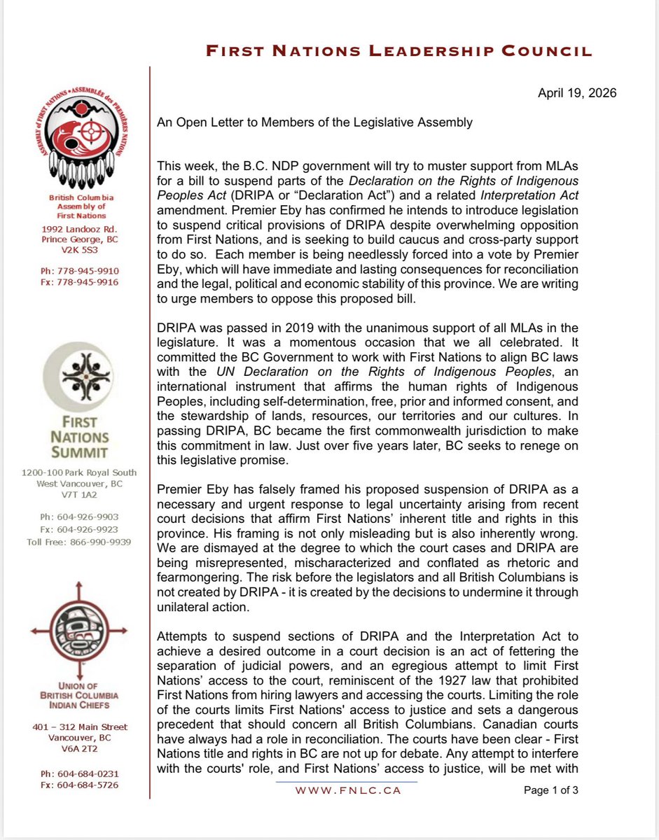 JasJohalBC's tweet photo. 2/3 This comes hours after the First Nations Leadership Council sent an open letter to every NDP MLA today urging them to vote against the bill — calling the suspension plan a betrayal of a unanimous 2019 commitment and a dangerous precedent for Indigenous rights. #bcpoli https://t.co/OYVcHKpP3y