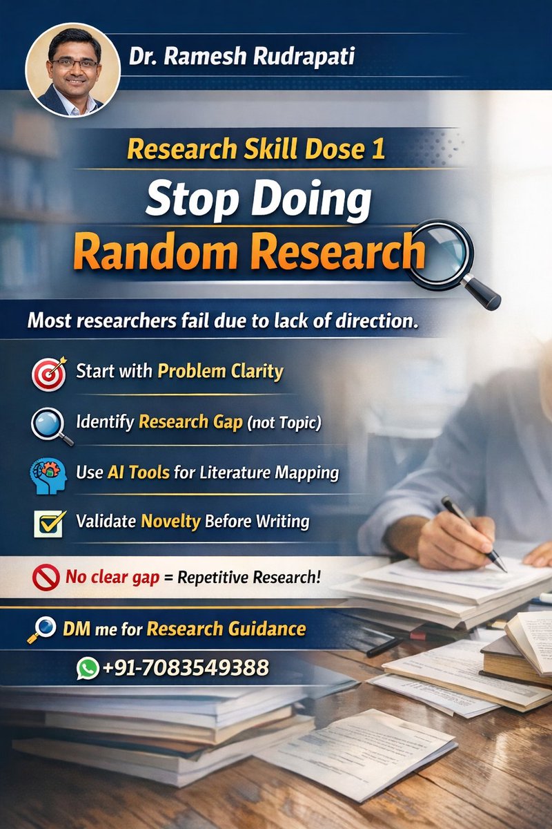 rameshrudrapati's tweet image. 📌 Research Skill Dose 1: Stop Doing Random Research

❌ No clear gap = Repetitive research

📩 DM for research guidance
📞 WhatsApp: +91-7083549388

#ResearchSkills #PhDLife #AcademicWriting #ResearchGuidance #AIinResearch #PaperWriting #HigherEducation