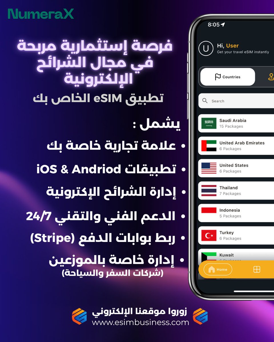 NumeraX_ksa's tweet photo. مستقبل الاتصالات ومستقبل التجارة الإلكترونية !! 

لماذا تجارة الشرائح الإلكترونية مربحة في 2026 🚀 ؟

١- نمو عالمي سريع 📈
مشروع (eSIM) من أسرع المشاريع نمواً في 2026 
حيث تجاوزت قيمتها السوقية ب11-13 مليار دولار في 2025 ومن المتوقع تتجاوز 17-70 مليار دولار في 2034 ! https://t.co/LutIgxdznW